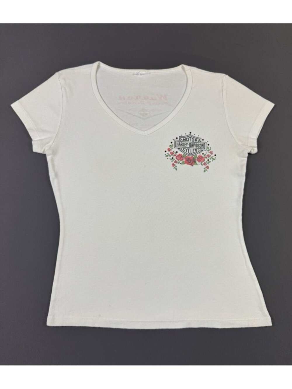 Rare Vintage Y2K Harley Davidson Warren Cortland Ohio Womens White Shirt Flower